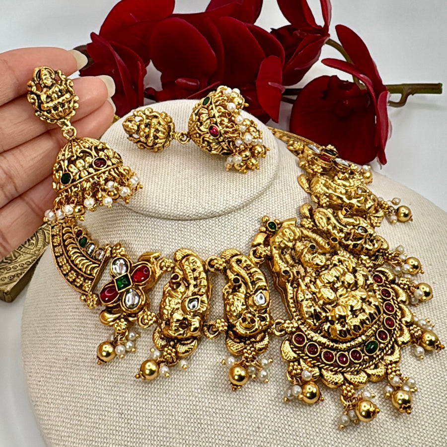 Multi Antique Gold Laxmi Temple Inspired Necklace Set