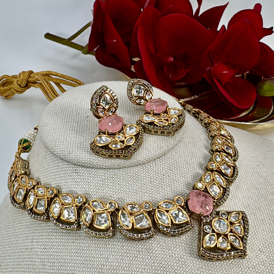 Pink Doublet Dainty Polki Necklace Set