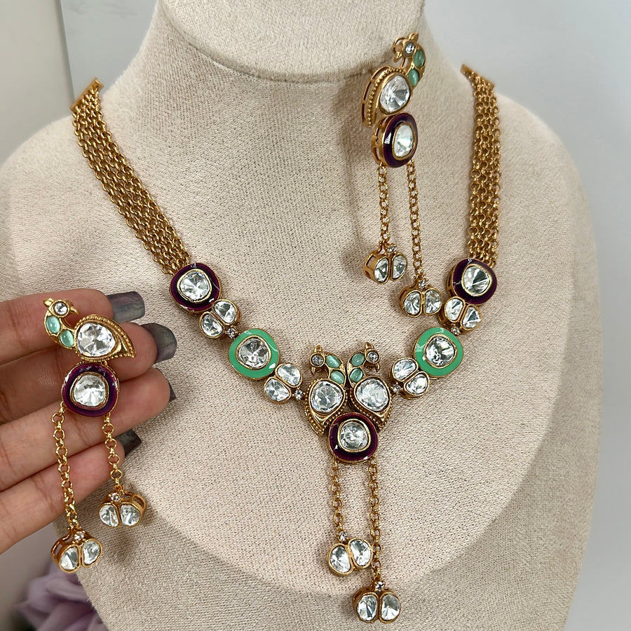 Mint & Purple Meenakari Uncut Kundan Necklace Set