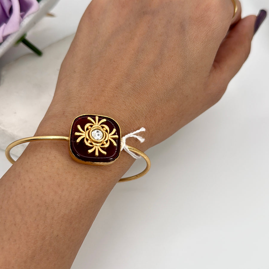 Ruby Glass Stone With Inlay Work Cuff Bangle