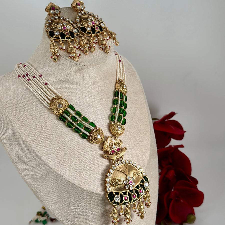 Green Ruby Pearl Antique Gold Heritage Long Necklace Set