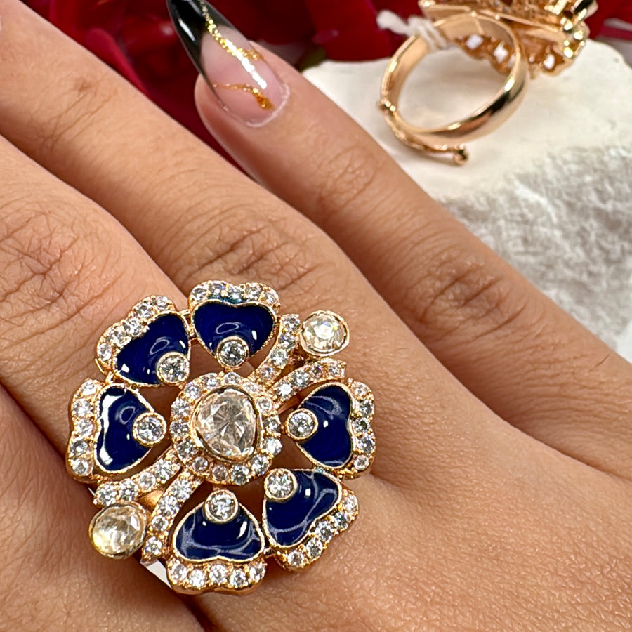 Blue Jadau Moissanite Adjustable Finger Ring