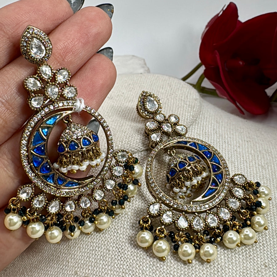 Blue Jadau Moissanite Chand Bali Earrings