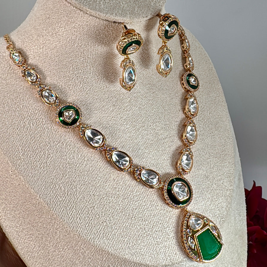 Green Doublet & Green Meenakari Dainty Polki Necklace Set