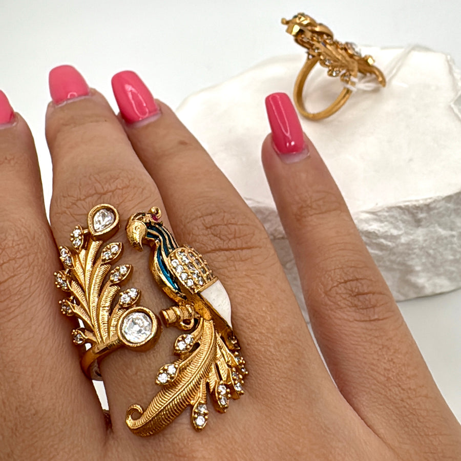 White Muti Meenakari Moissanite Adjustable Peacock Finger Ring