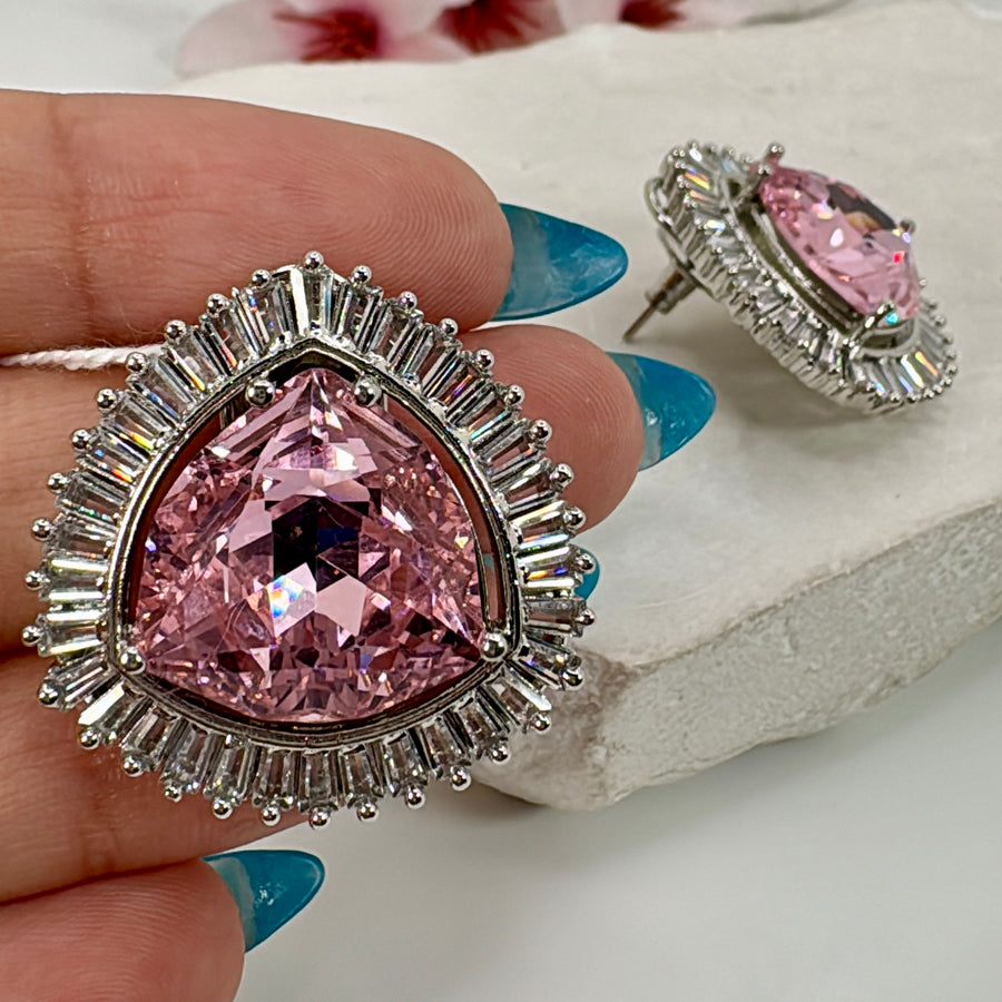 Pink Swarovski Crystals & Baguette American Diamonds Cubic Zirconia Stud Earrings