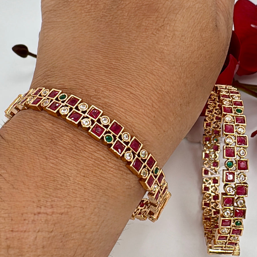 Ruby Green Kemp Jadau Openable Bangle Pair(Size 2.6)