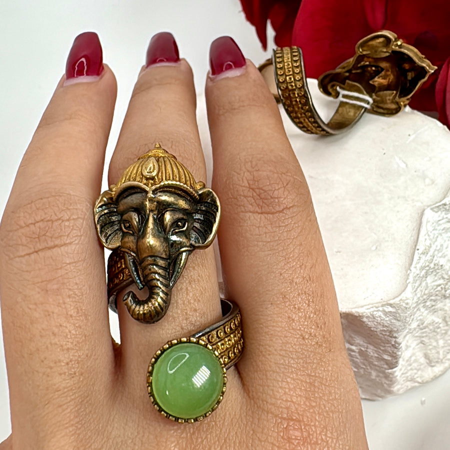 Peridot Green Doublet Adjustable Ganesha Finger Ring