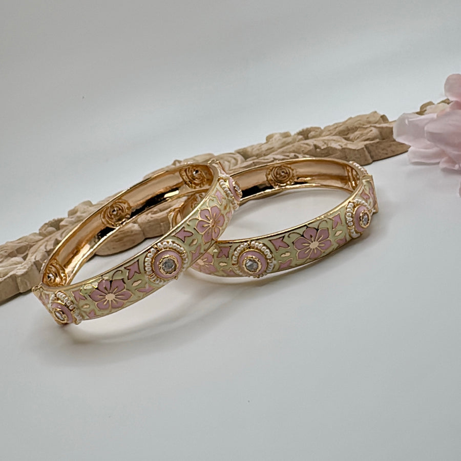 Ivory & Pink Meenakari & Kundan Openable Bangle Pair(Size 2.6)