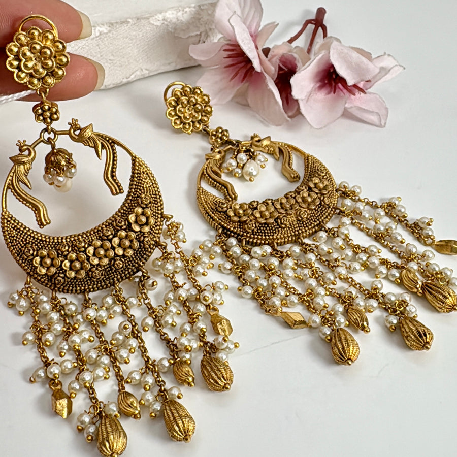Clear Antique Gold Light Weight Chand Bali Earrings