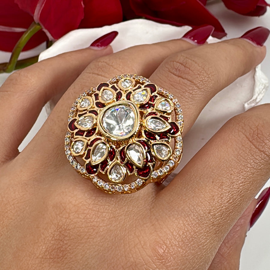 Ruby Moissanite Kundan Adjustable Finger Ring