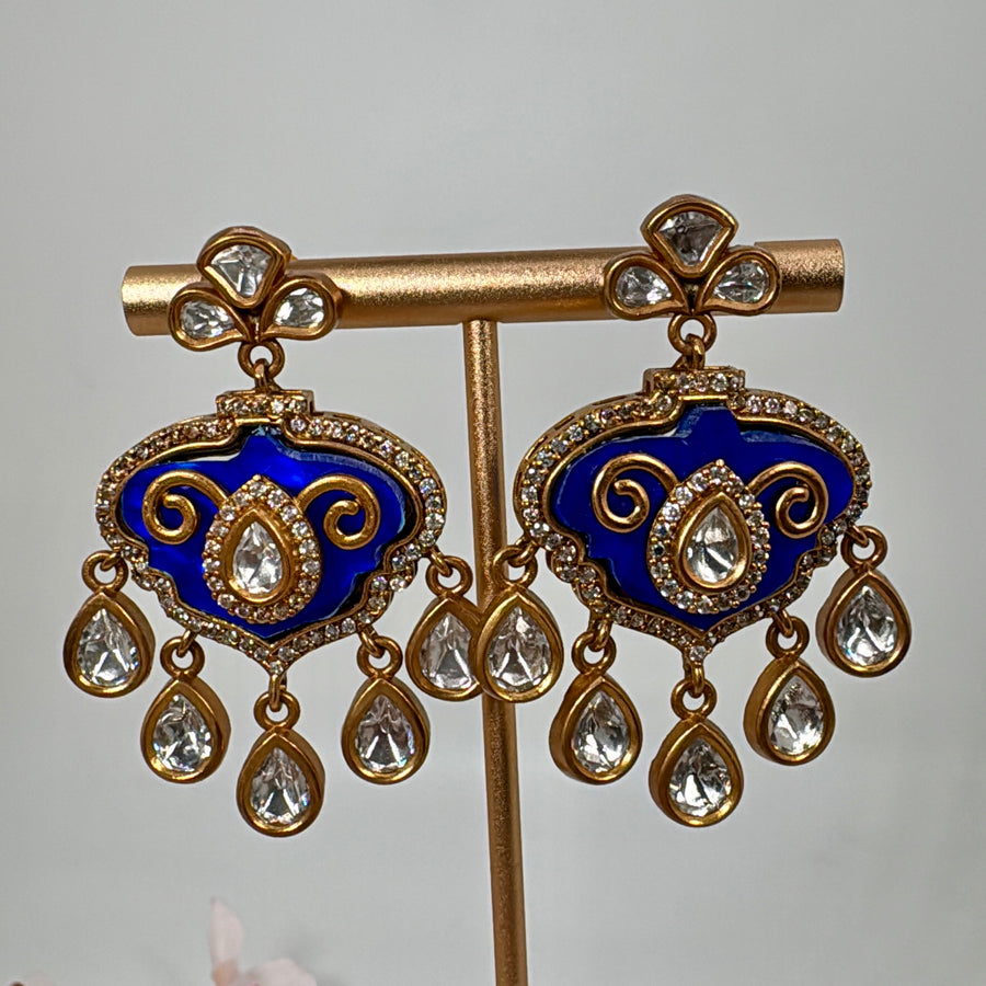 Blue Glass Stone With Inlay Work Moissanite Earrings