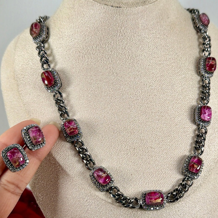 Hot Pink Marble Doublet Victorian Polish Necklace Set