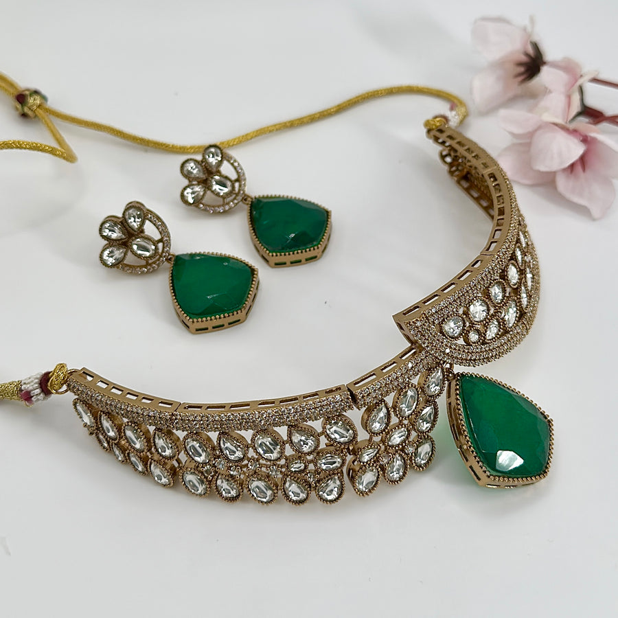 Green Doublet & Moissanite Necklace Set