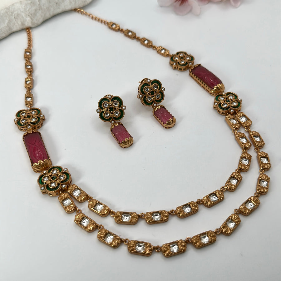 Ruby Green Apala Polish Moissanite Two Layer Necklace Set