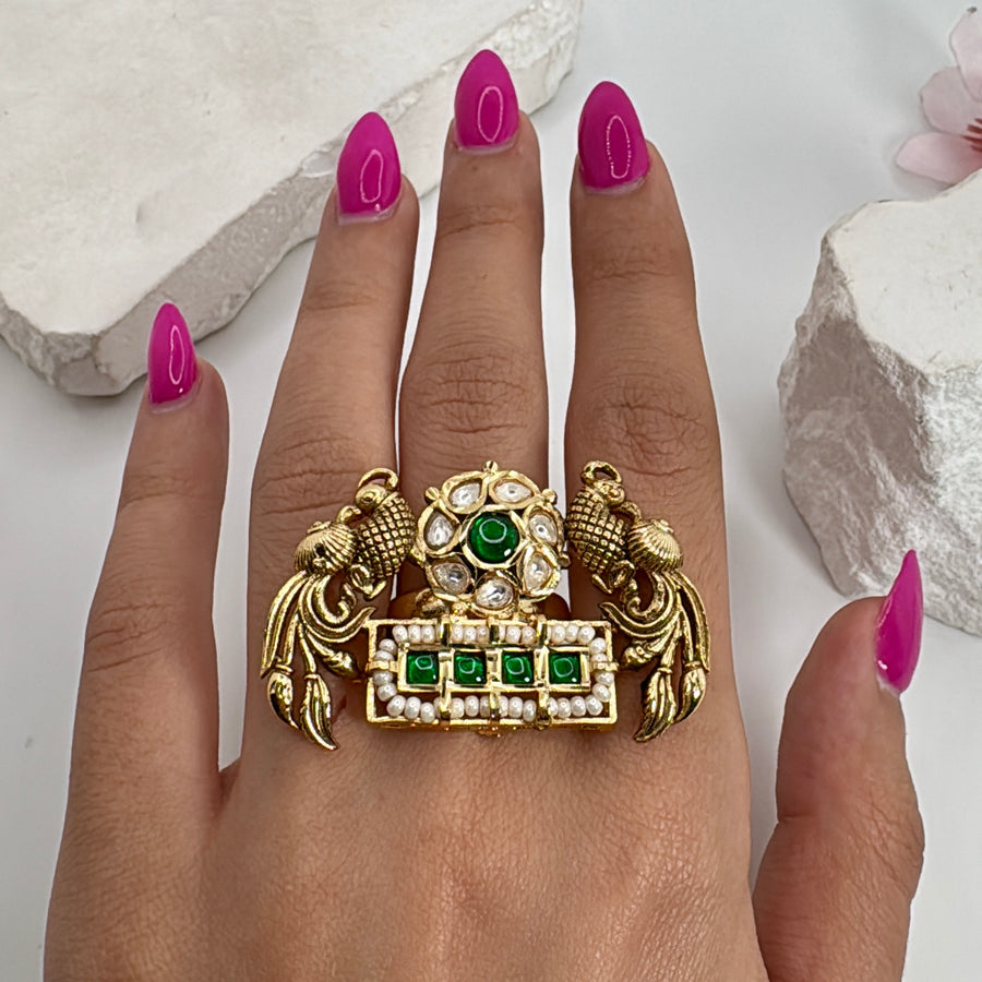 Green Jadau Silver Lookalike Gold Adjustable Finger Ring