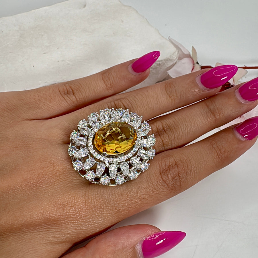 Yellow American Diamonds Cubic Zirconia Adjustable Cocktail Finger Ring