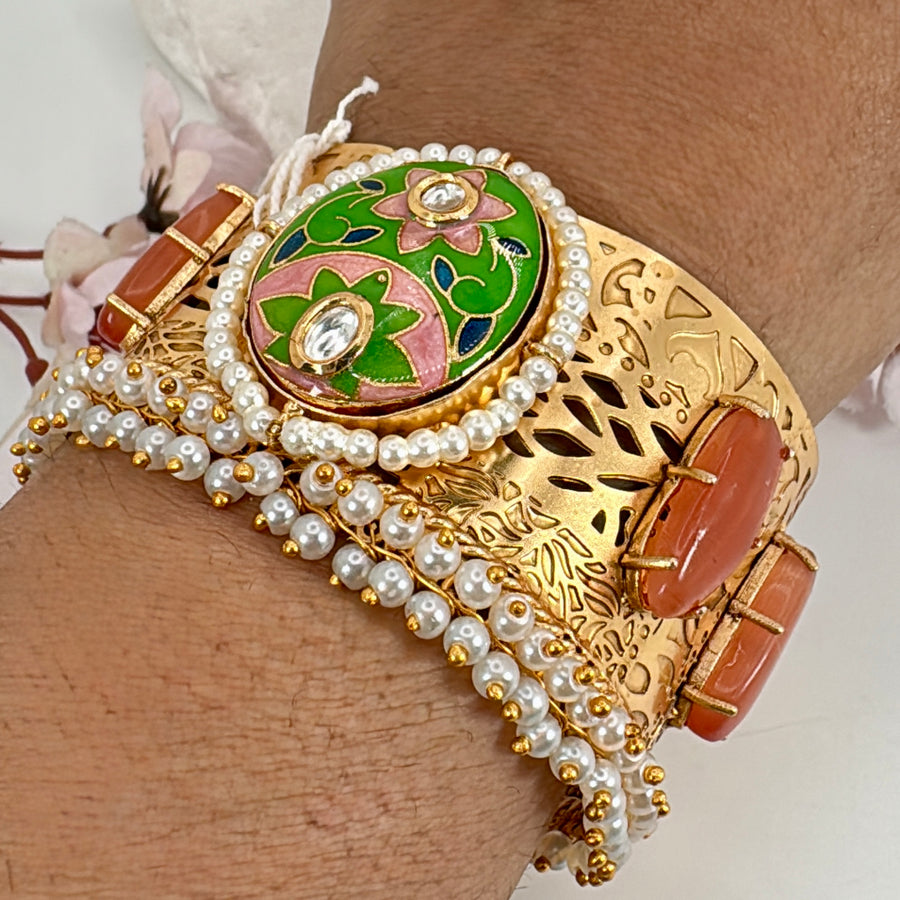 Green Meenakari Silver Lookalike Gold Cuff Bangle