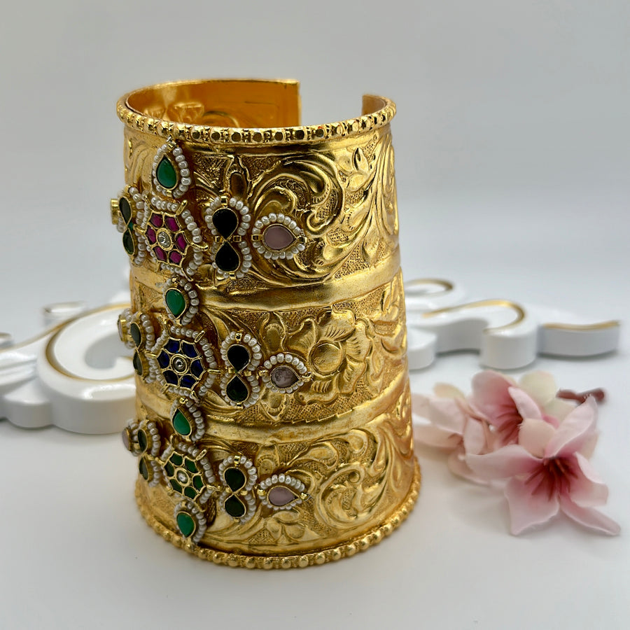 Multi Antique Gold With Green Paachi Kundan Statement Cuff(One Size Fits All)