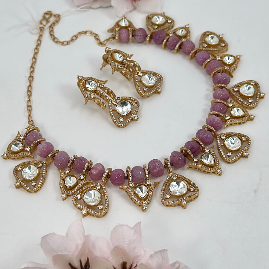 Lilac Pearls & Moissanite Kundan Dainty Necklace Set