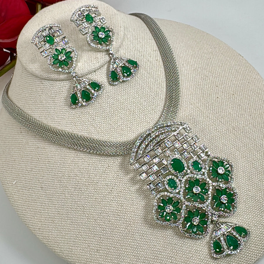 Green Cubic Zirconia Pendant Rhodium Plated Pendant Necklace Set
