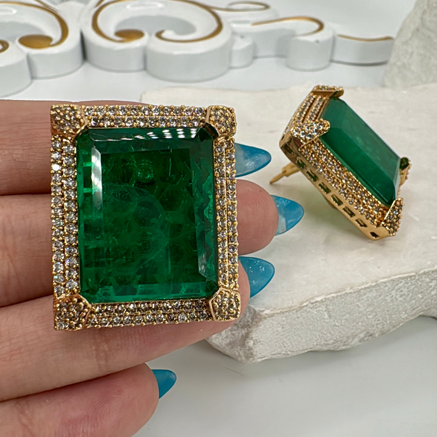 Green Doublet Rectangle Statement Moissanite Stud Earrings