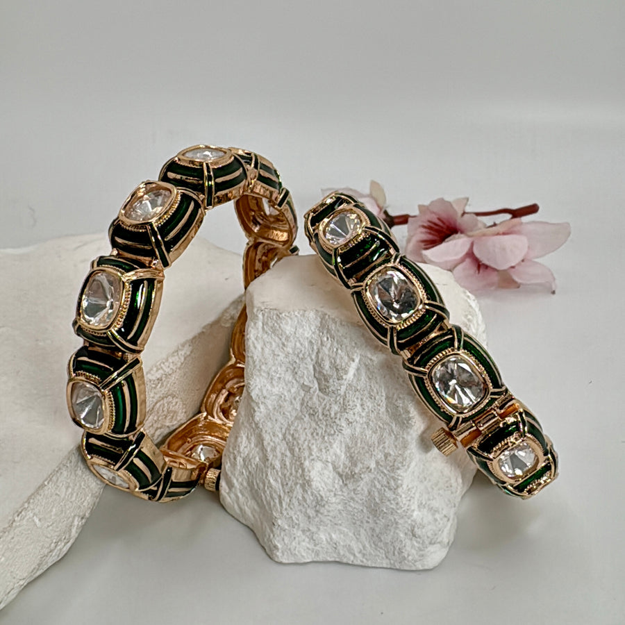Green Meenakari Kundan Moissanite Openable Bangle Pair( Size 2.6)