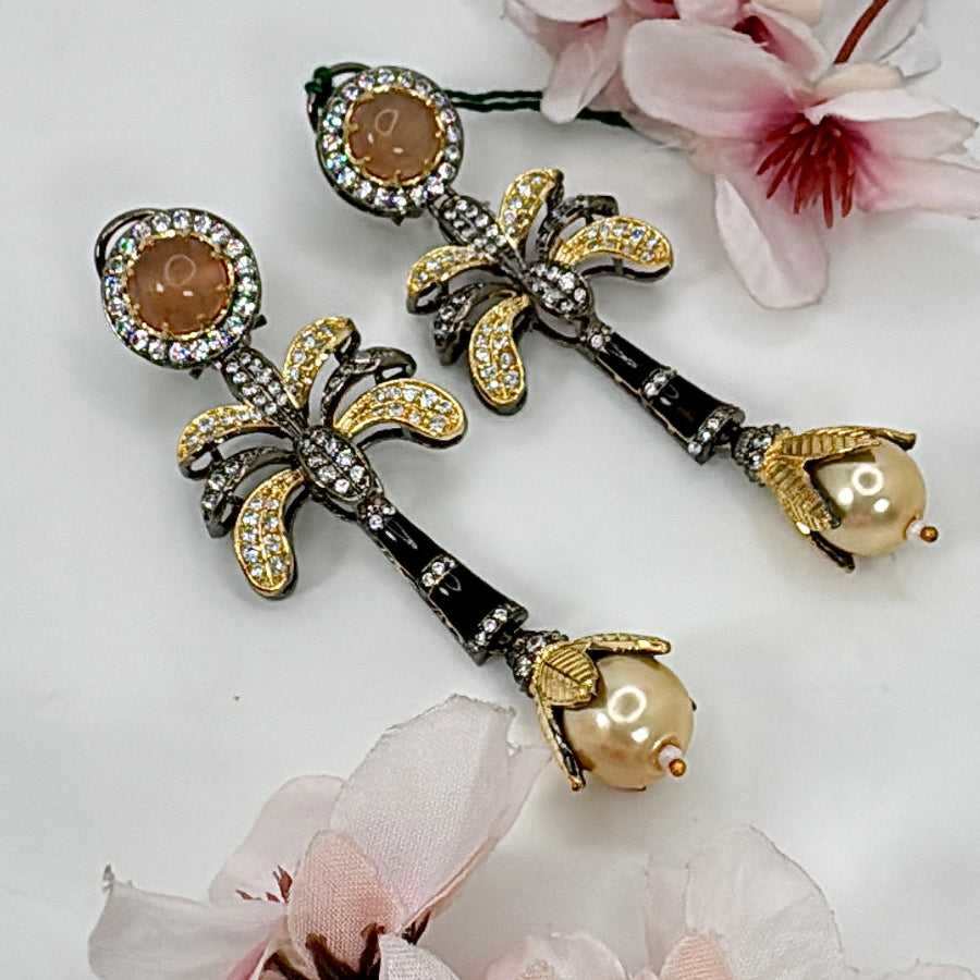 Peach Doublet American Diamonds Sabya Inspired Palm Tree American Diamonds Earrings