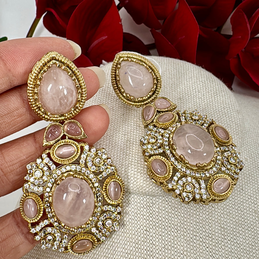 Pink Marble Stone Moissanite Earrings