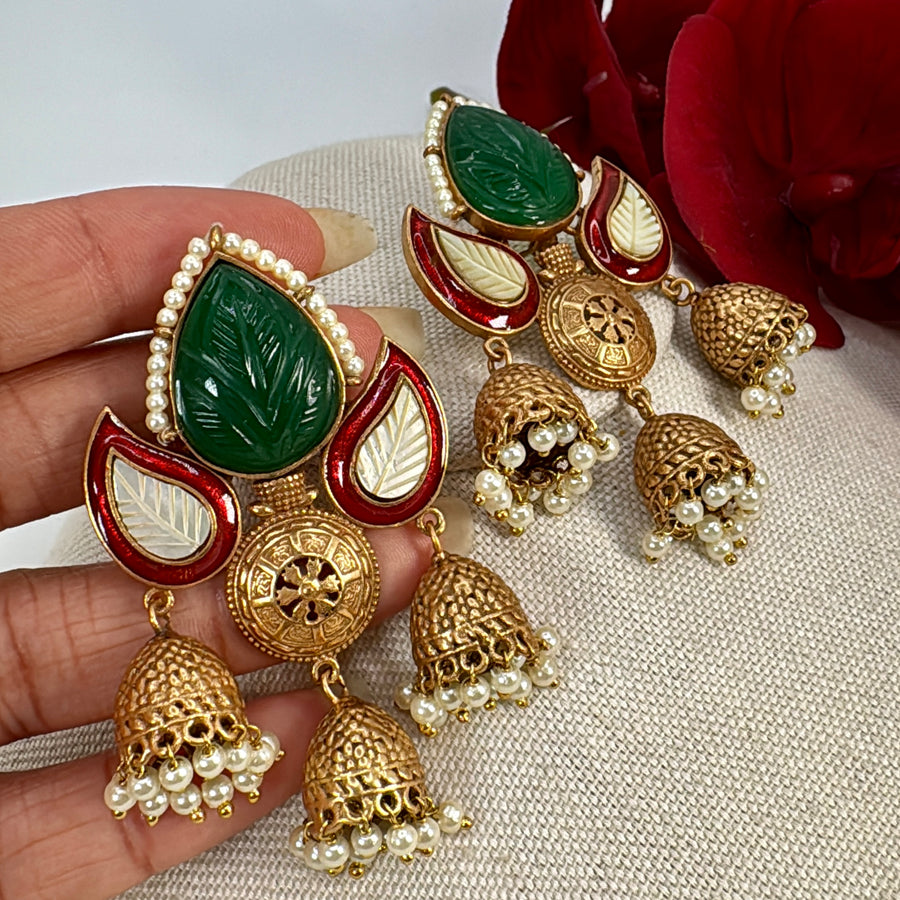 Green MOP Apala Inspired Antique Gold Jhumka Earrings