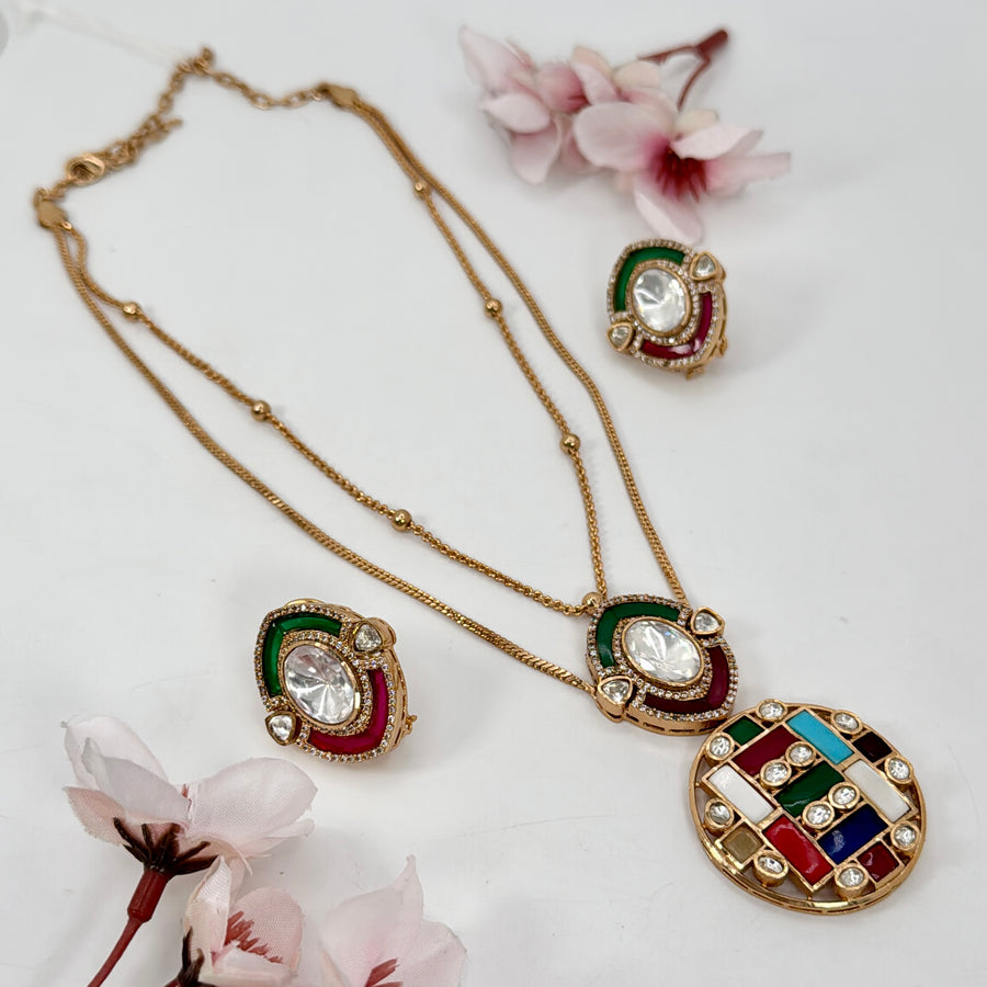 Multi Navratan Jadau Pendant Necklace Set