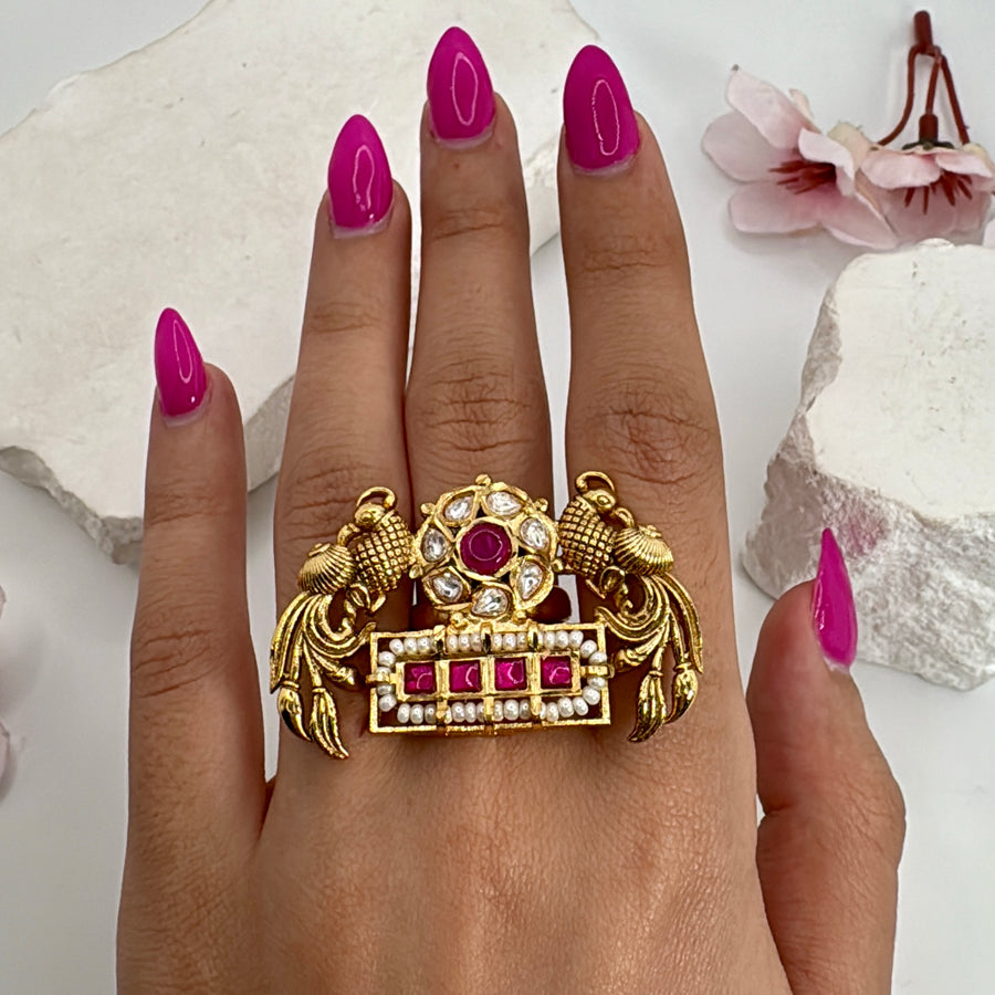 Ruby Jadau Silver Lookalike Gold Adjustable Finger Ring