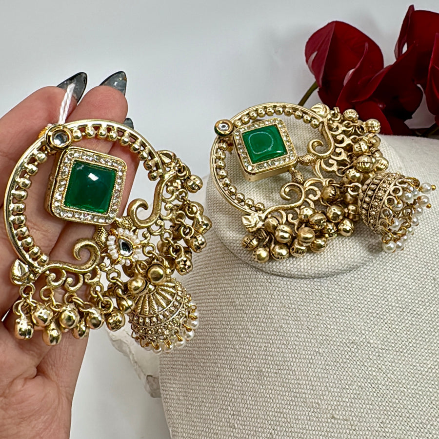 Green Silver Lookalike Gold Chand Bali Earrings
