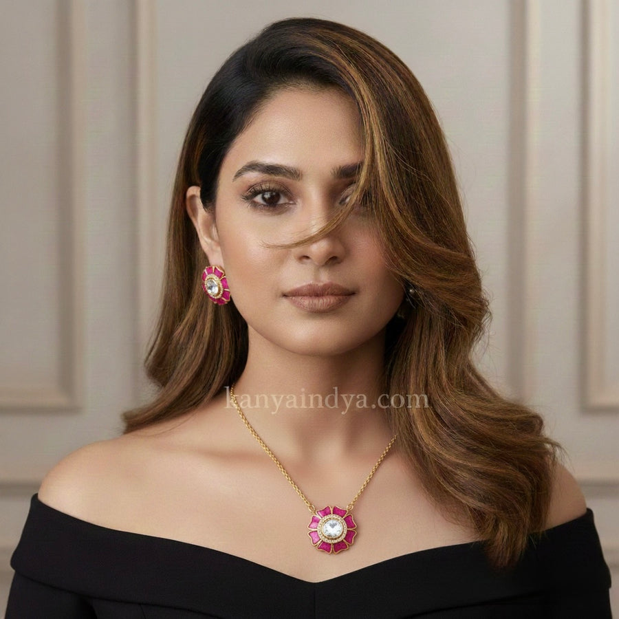 Ruby Jadau Moissanite Pendant Necklace Set