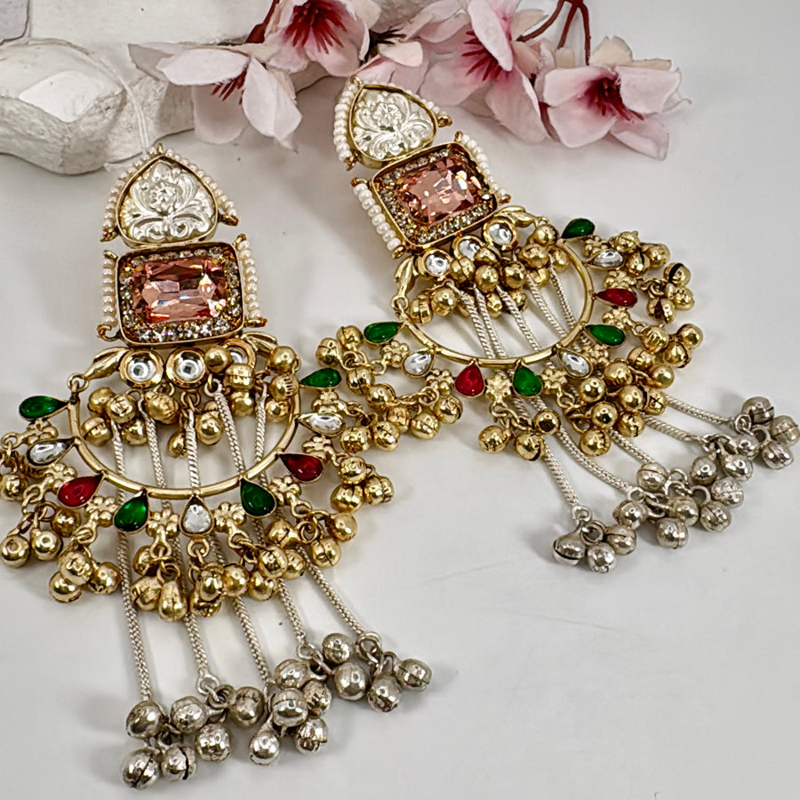 Peach Swarovski Crystals Silver Look Alike Dual Tone Ghungroo Chand Bali Statement Earrings