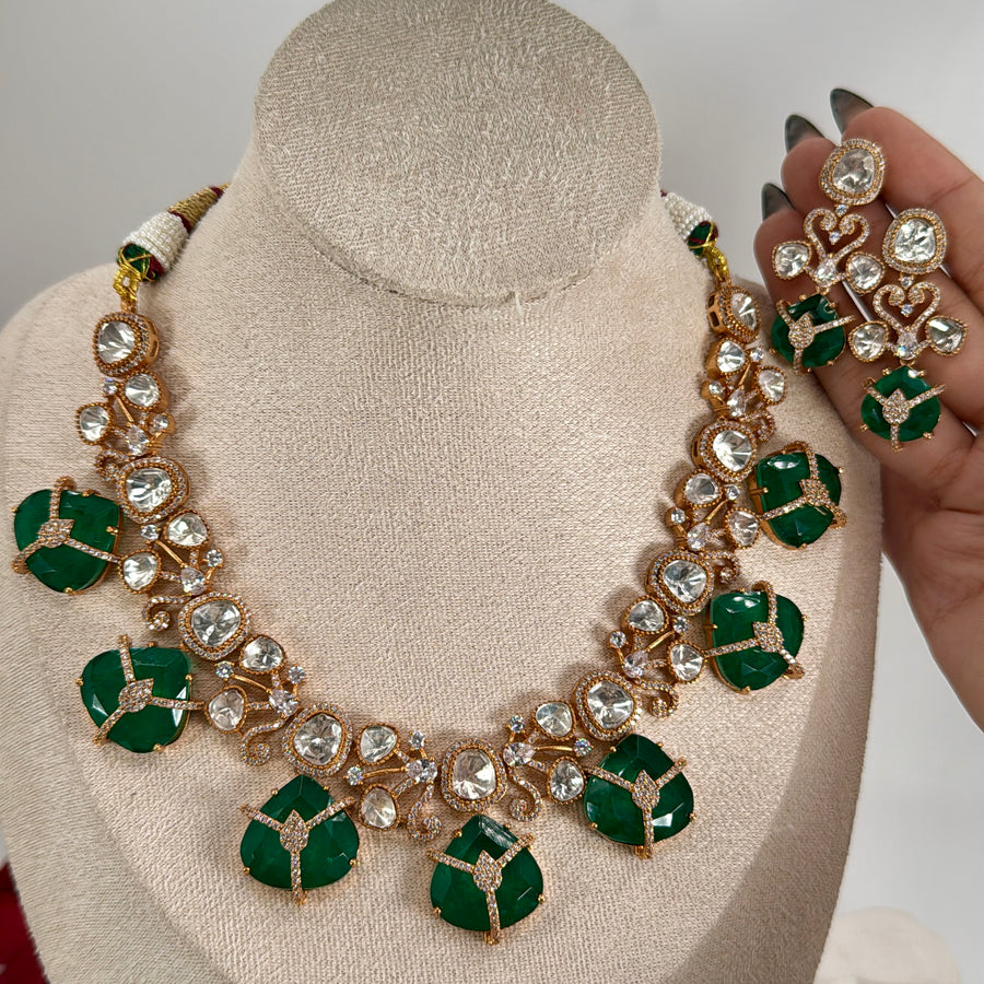 Green Doublet Polki Kundan Dainty Necklace Set