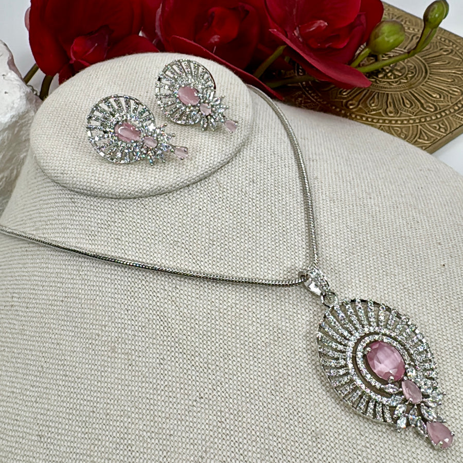 Pink AAA Cut Cubic Zirconia Rhodium Plated Pendant Necklace Set