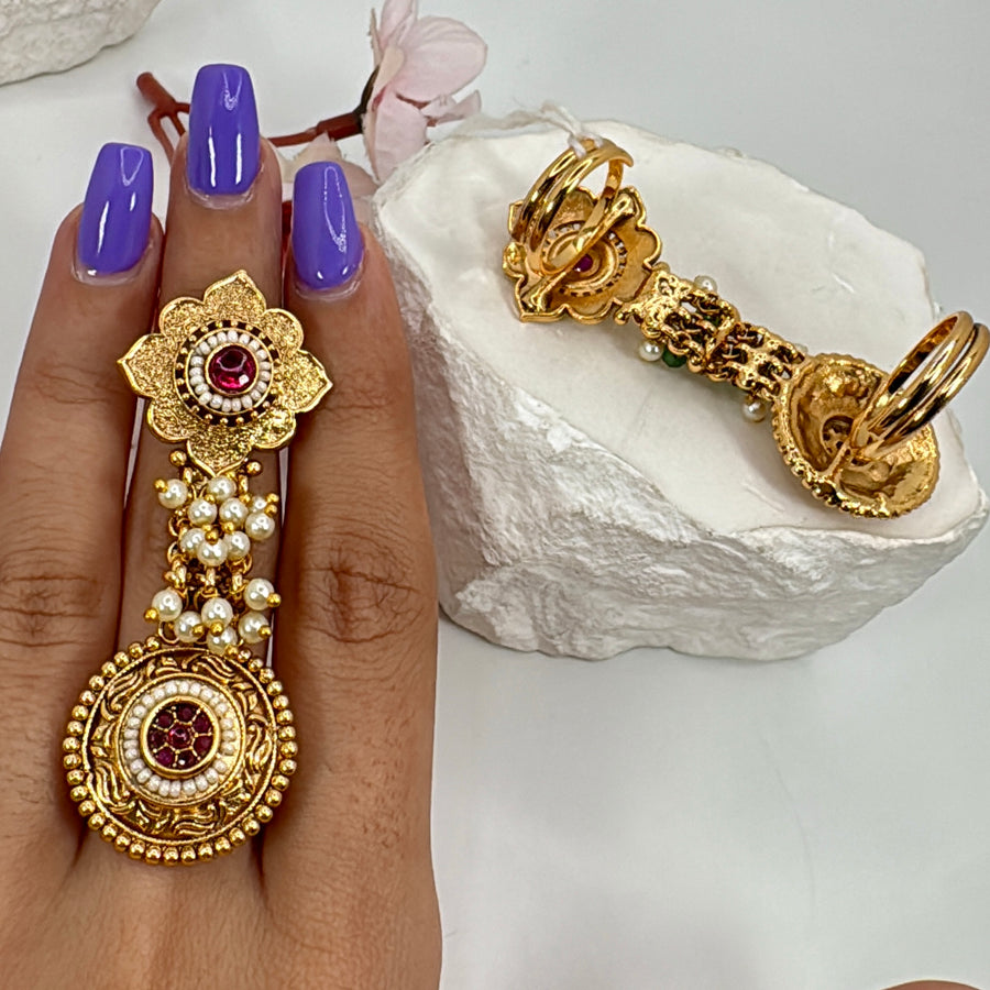Ruby Long Antique Gold Adjustable Finger Ring