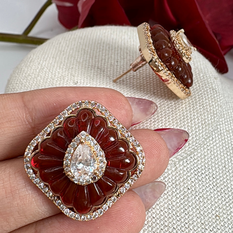 Ruby Carved Doublet & Moissanite Stud Earrings