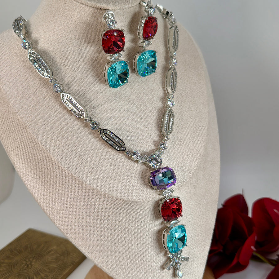 Multi Swarovski AAA Cut Cubic Zirconia American Diamonds  Long Necklace Set