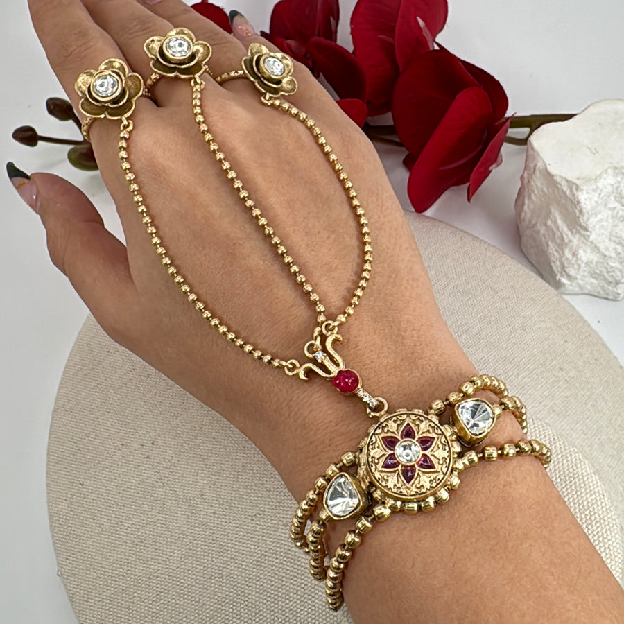 Ruby Antique Gold Adjustable Finger Bracelet