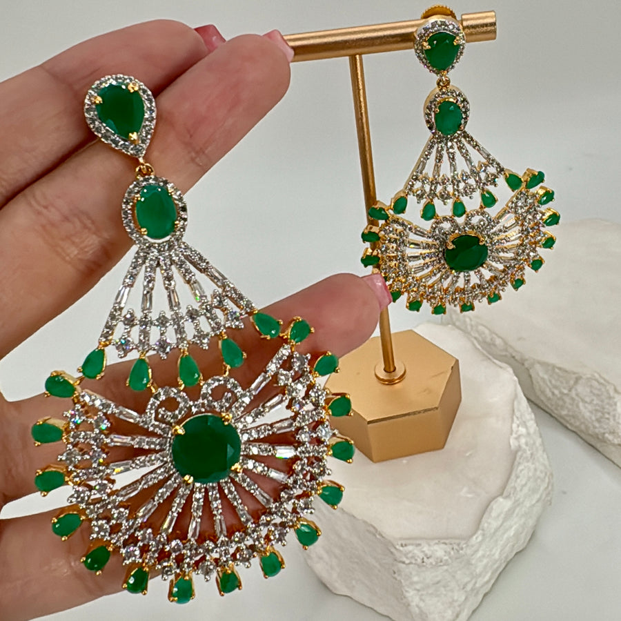 Green American Diamonds Cubic Zirconia Gold Plated Cocktail Earrings