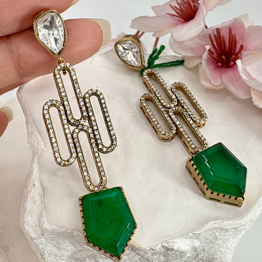 Green Doublet Moissanite & American Diamonds Dainty Earrings