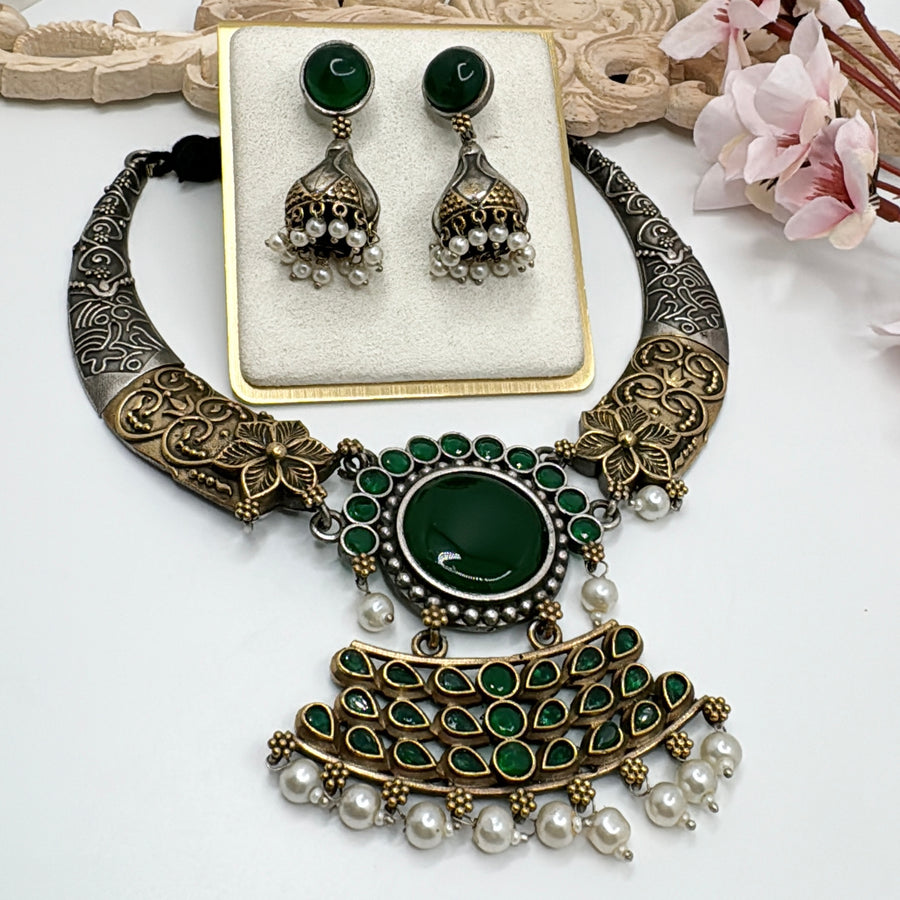 Green Dual Tone Silver Lookalike Hasli Set