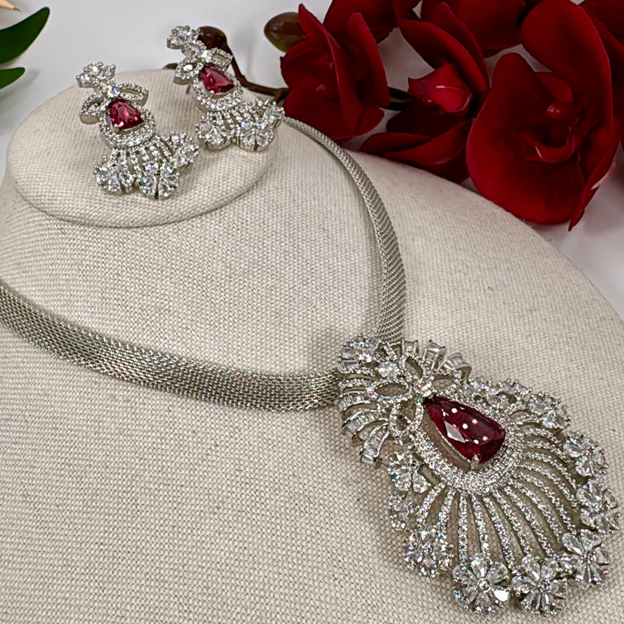 Ruby American Diamonds Cubic Zirconia Pendant Necklace Set