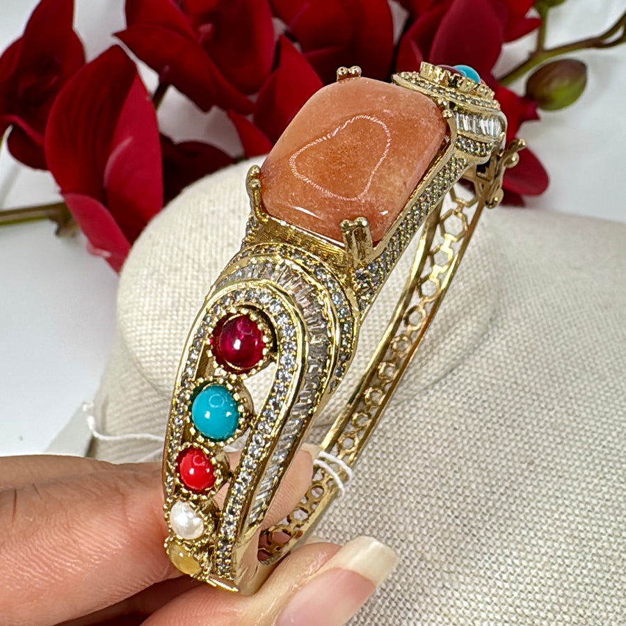 Peach Marble Doublet & Multi Stone Openable Bangle(Fits Size 2.2 to 2.6)