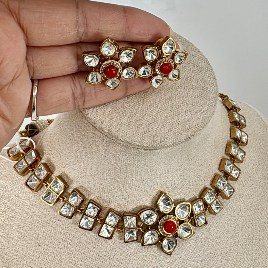 Coral Red Moissanite Dainty Necklace Set