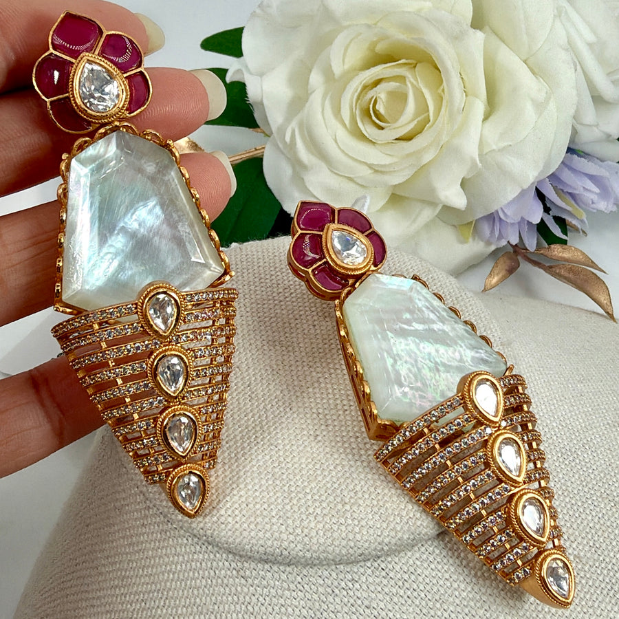 White MOP Doublet Jadau Moissanite Earrings