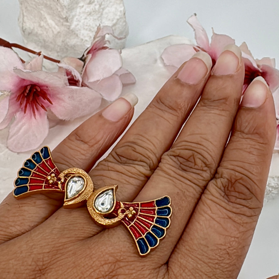 Blue & Red Meenakari Adjustable Finger Ring