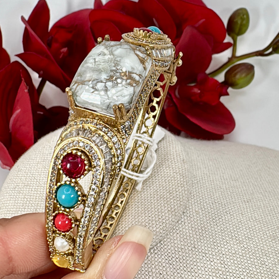 White Marble Doublet & Multi Stone Openable Bangle(Fits Size 2.2 to 2.6)